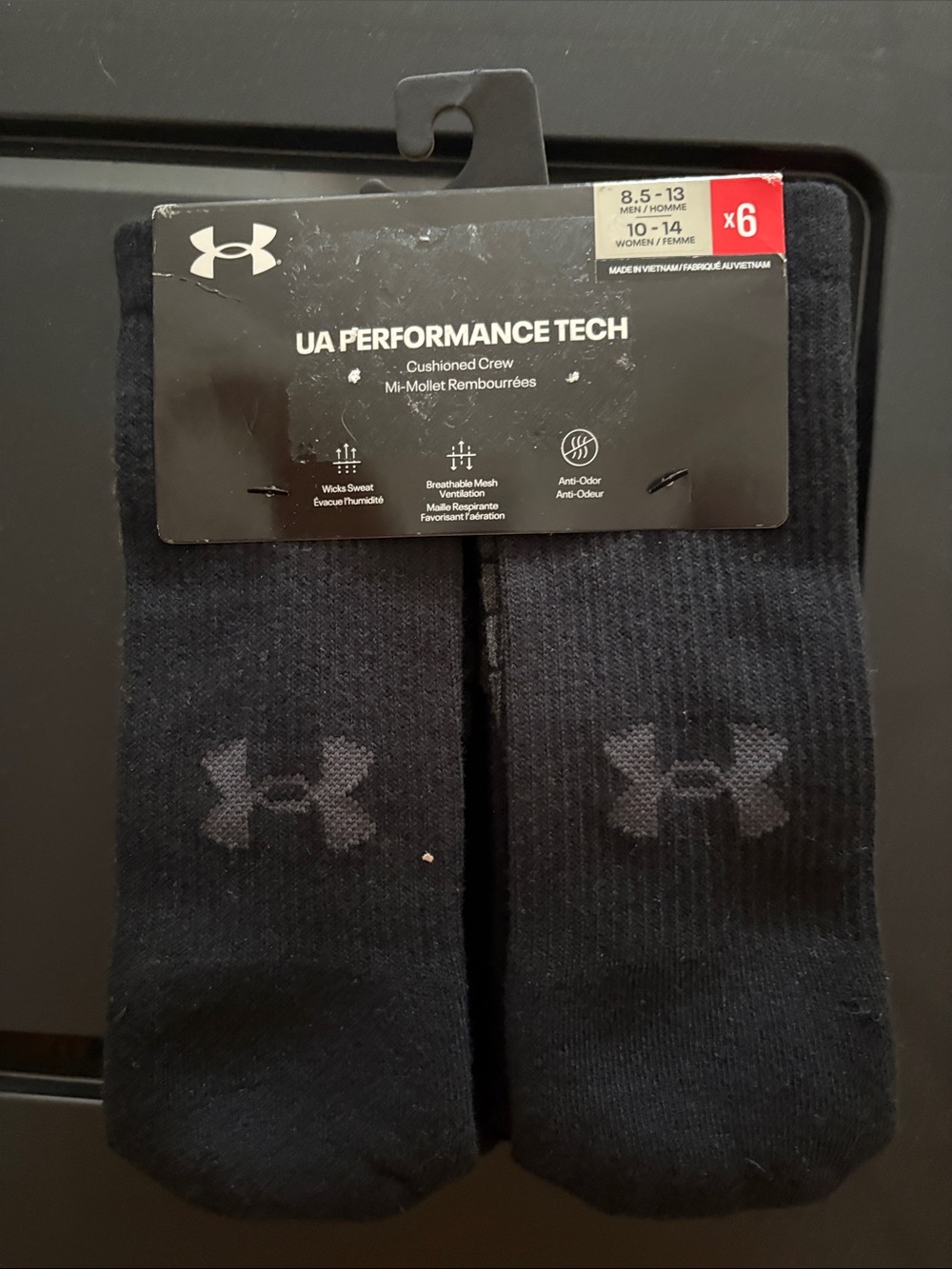 Under Armour Black UA Performance Tech Cushioned Crew Socks - 6 Pack